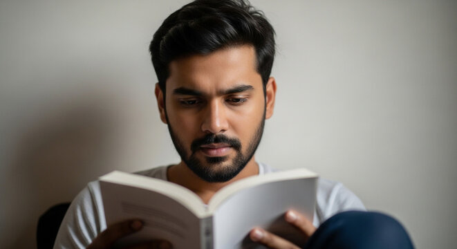 Young Man Reading Book at Home Education Learning Knowledge Lifestyle