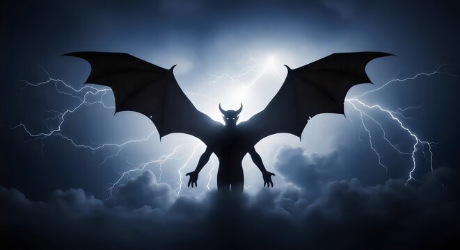 Silhouette of devil wings spread wide across stormy sky illuminated by dramatic lightning strikes