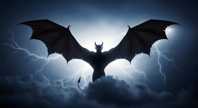 Dramatic surreal artwork of devil wings spread across storm clouds illuminated by glowing lightning bolts