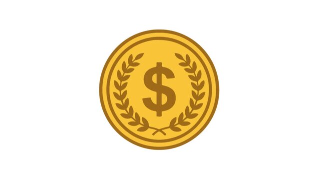 Golden dollar coin featuring a decorative laurel wreath spins continuously in this seamless digital animation loop designed to represent financial prosperity wealth accumulation and positive business 