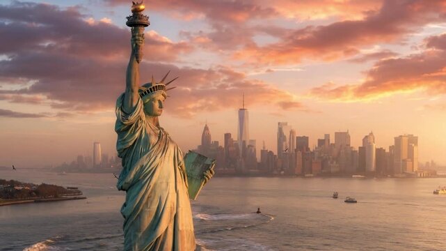 Majestic Statue of Liberty at Golden Hour with Cinematic New York City Skyline and Birds Soaring, Aerial Drone View of Manhattan Sunset