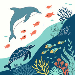 Ocean scene with dolphin, turtle, fish, and coral reef sea turtle © Koli