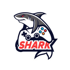 Shark holding game controller red text white background © Koli