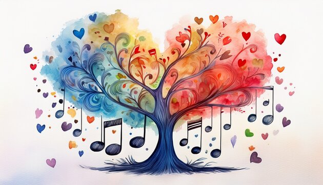 a watercolor tree with musical notes and hearts