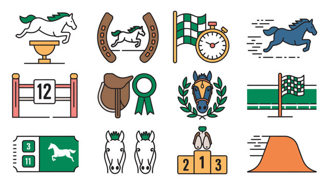 Horse racing and equestrian sport icon collection, jockey helmets saddles horses racetrack and trophy symbols, competitive riding and sports achievement concept