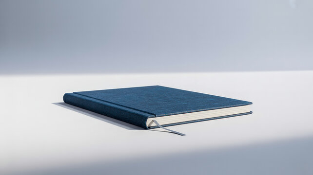 Professional blue leather notebook with a fabric bookmark resting flat and closed waiting for creative ideas or important notes to be written inside on white background