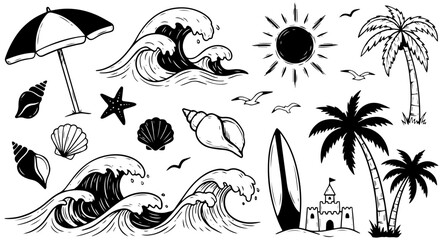 Collection of hand-drawn summer beach elements perfect for vacation and tropical themed designs © Sai.K