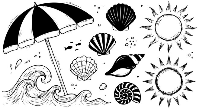 Hand-drawn collection of beach and summer elements including seashells, sun, and waves