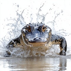 Fototapeta premium Close up of an alligator coming out of murky water with splashes, alligator