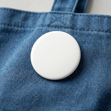 White Blank Round Pin Badge Button Mockup on Blue Denim Tote Bag Close-Up for Design Template