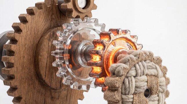 Interlocking gears made of different materials representing neurodiversity and teamwork