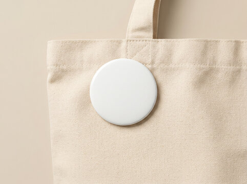 White Blank Round Pin Badge Button Mockup on Natural Canvas Tote Bag Beige Background for Design