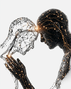 Connection of Mind: A conceptual artwork showing the fusion of two minds, representing connection and understanding, the piece captures a deep exchange of thoughts.