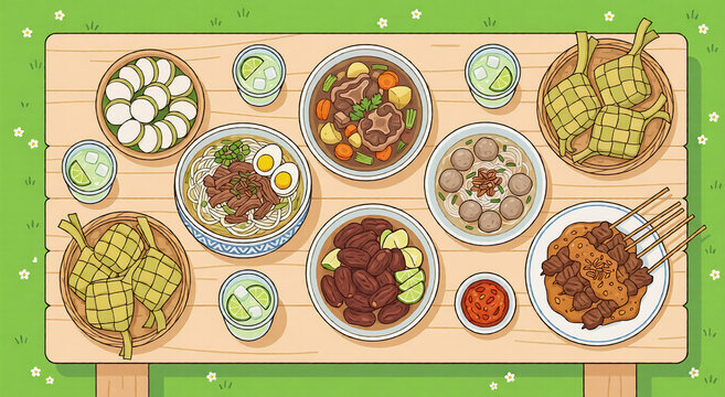 Flat Vector Illustration of Indonesian Eid Picnic Spread with Beef Soup, Satay, and Dates
