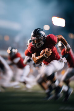 A cinematic action shot of a quarterback scrambling wildly across the field as the play breaks down, defenders lunging toward him, no clear formation. Photographed on a Hasselblad