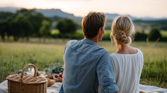 natural dream lighting portrait of a blonde couple sitting on a picnic blanket in a scenic open field, smiling while sharing a simple moment, basket and food elements visible, rela