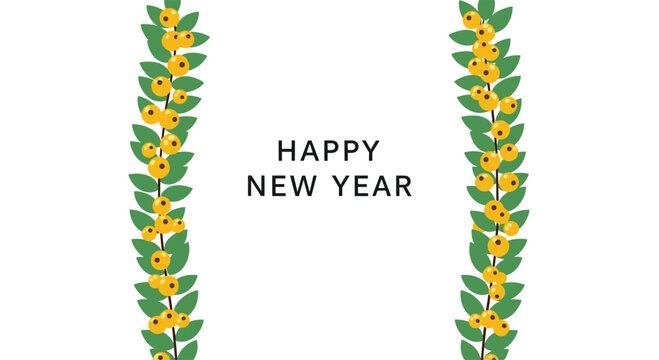 Festive happy new year greeting message centered between two vertical branches with yellow berries and green leaves.