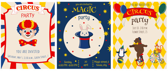 Circus party invitation, magical party invitation, birthday invitation set with balloons, circus elements, circus animals © Svitlana_designer