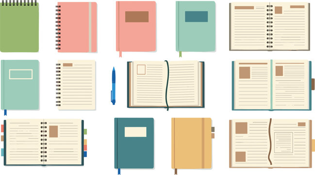 Flat Style Notebook and Diary Set with Open and Closed Journals, Spiral Binders, and Bookmarks for Office and Study Designs