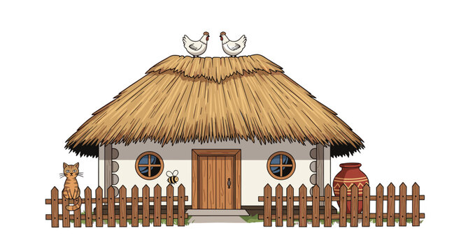 Traditional ukrainian rural house with a thatched roof fence cat chickens and bees for cultural and history themes.