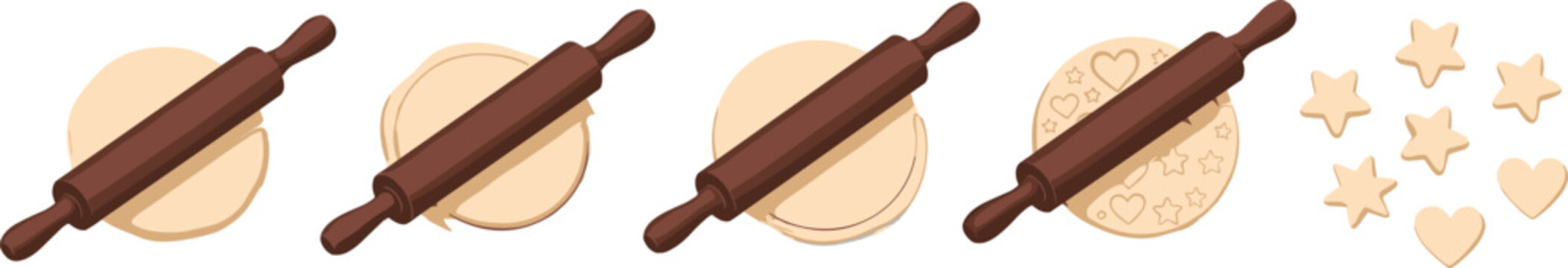 Realistic Rolling Pin and Dough Step by Step Set with Cookie Shapes, Stars, and Hearts for Baking and Kitchen Designs
