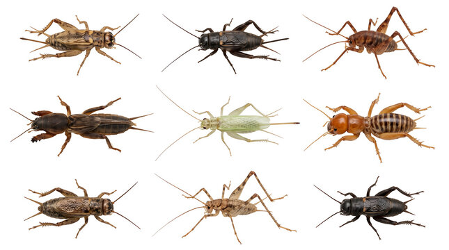 Collection of cricket species and insects isolated on white background. Macro set featuring mole crickets and field crickets for educational biology textbooks and pest control marketing.