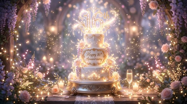Elegant 16th anniversary cake with sparkling lights and floral decorations in a magical garden setting