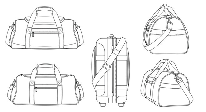 Technical line art drawing of a versatile sports duffel bag shown from multiple angles and perspective views.