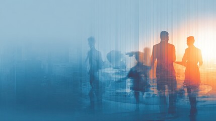 Fototapeta premium Blurred Vision of Business Journey: A group of professionals walks through a cityscape, Their blurred forms hints at the dynamic, fast-paced environment of business.