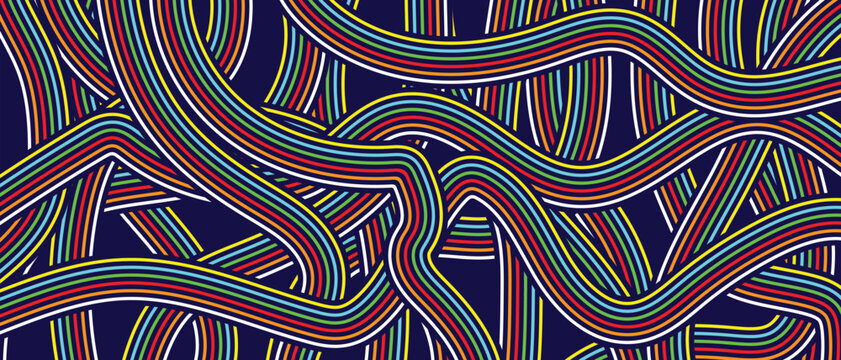 An abstract seamless pattern with lines featuring funky bright orange waves and colorful retro vector design elements for a textured fabric backdrop.