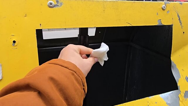 female hand in brown sleeve dropping a white crumpled tissue into a yellow outdoor public waste bin on a city street, showing responsible waste disposal behavior