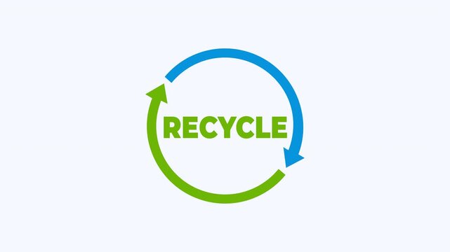 Display the word recycle in a green and blue arrow circle perfect for ecofriendly concepts, environmental themes, waste management campaigns.