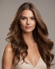 Fototapeta premium Retrato de mujer con cabello largo ondulado, maquillaje natural y piel luminosa en estilo cosmética premium