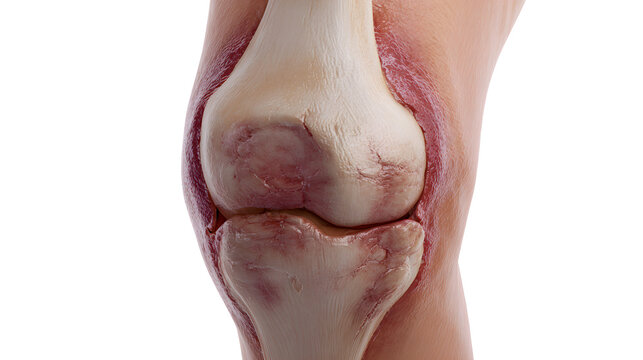 Detailed clinical illustration of a knee with pcl injury showing ligament damage and bone structure