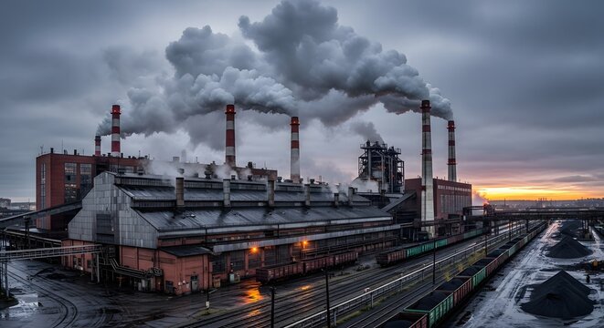 Heavy smoke emission from industrial factory chimneys polluting the atmosphere at sunset.