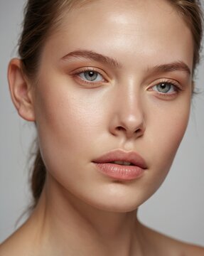 Primer plano de mujer joven con piel suave, maquillaje nude y mirada serena para concepto de belleza