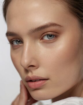 Primer plano lateral de mujer con piel glow, mirada intensa y maquillaje natural estilo belleza limpia