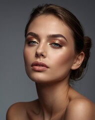 Naklejka premium Retrato de mujer con maquillaje natural y fondo oscuro estilo belleza minimalista