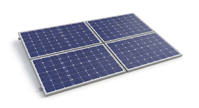 Modern solar panel array with four photovoltaic modules arranged in a grid on a clean white background showcasing renewable energy technology and sustainable power generation