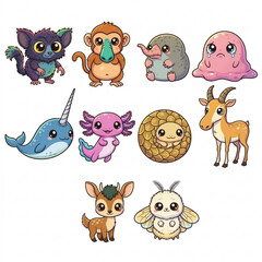Obraz premium Cute cartoon stylized collection of magical and unusual animals including axolotl narwhal pangolin monkey cute creature