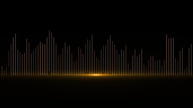 Golden audio equalizer background vertical light bars, black empty space, warm glow, minimal sound design. for music videos, podcast intros, concert titles, audio visualizers, and overlays.