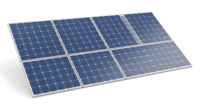Modern solar panel array with multiple photovoltaic cells arranged on a clean white background capturing renewable energy from sunlight for sustainable power generation and eco