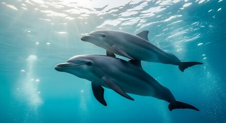 Fototapeta premium Two dolphins swimming underwater with sunlight filtering through