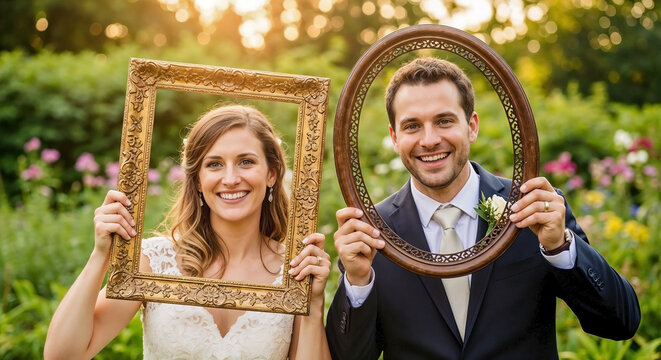 Bride and Groom Holding Vintage Frames in Floral Garden During Sunset for Wedding Blogs, Love Stories, Celebrations, and Photography Inspiration