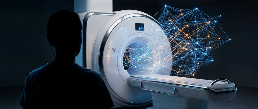 Silhouette of a technician facing an MRI scanner with a dense glowing holographic network mesh representing artificial intelligence in radiology and neurological data processing.