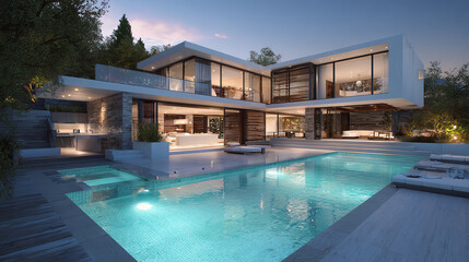 Fototapeta premium Modern luxury home with a sleek design, pool, and beautiful outdoor area at twilight hour.