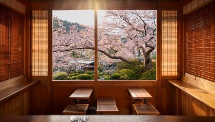Naklejka premium interior view from a quiet cafe in kyoto during spring focusing on a wooden framed window softly filled with gentle morning ligh