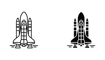 Space shuttle taking off from launch pad vector illustration set in line art and solid black styles for aerospace engineering and science educational content © Abstract