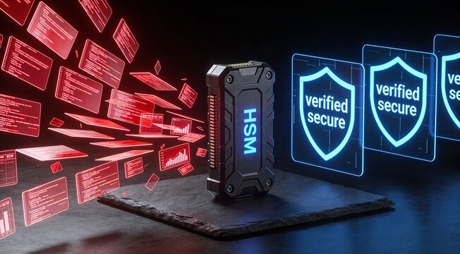Hardware Security Module cybersecurity background with rugged matte black HSM filtering threat data into verified secure output, premium enterprise cryptography and zero trust concept