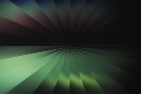 Abstract radial fluted glass texture with green gradient and sunburst pattern. Reflective ribs, light refraction. Modern geometric background perfect for UI, web design, posters, branding, packaging